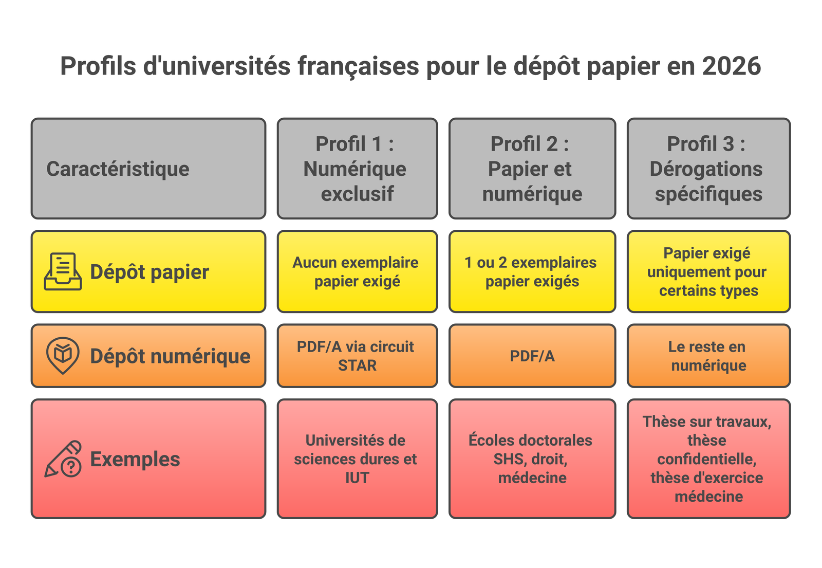 Les trois profils d'universités françaises concernant le dépôt papier de thèse en 2026
