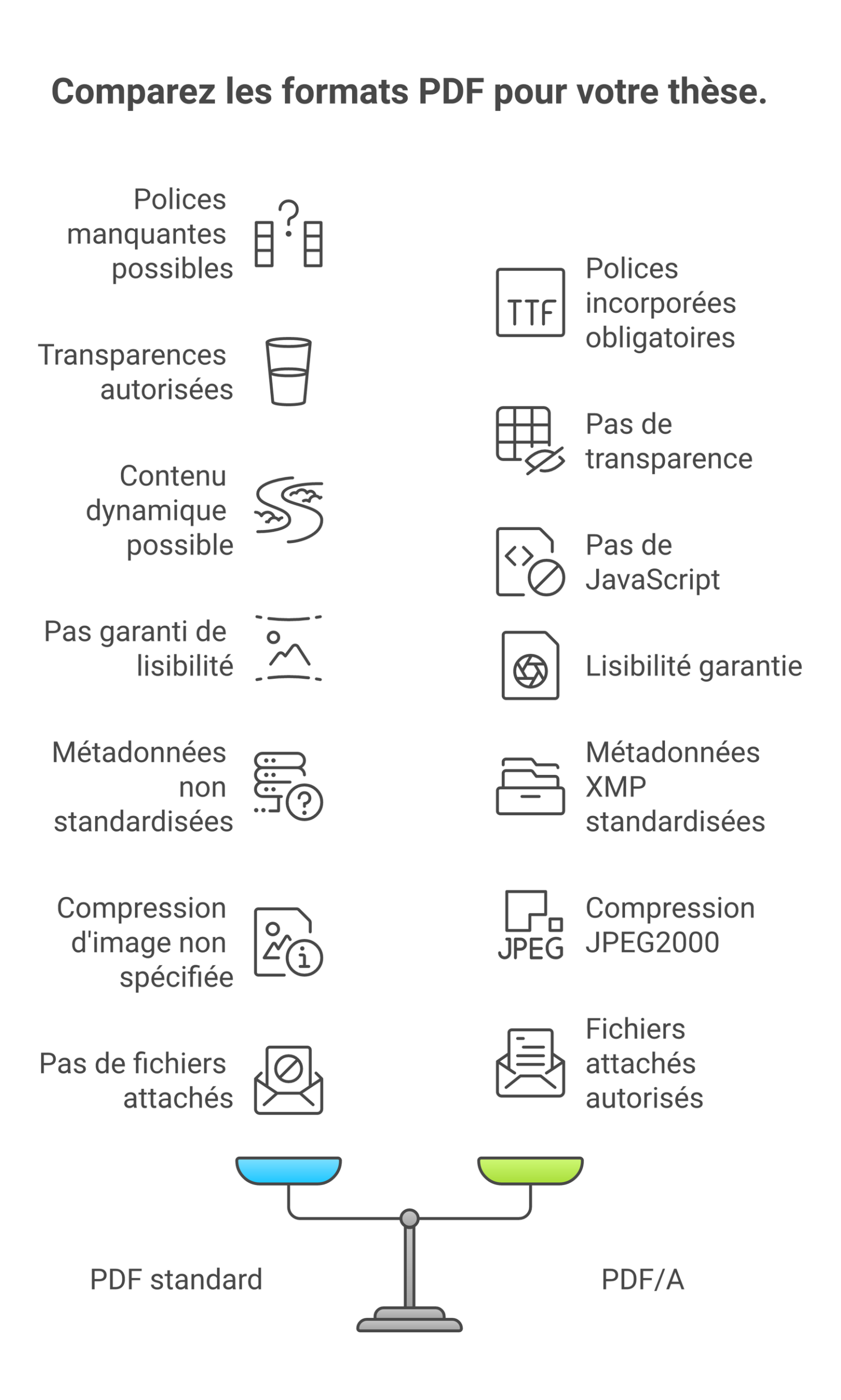 Comparatif PDF standard vs PDF/A-1, PDF/A-2, PDF/A-3 pour une thèse de doctorat française