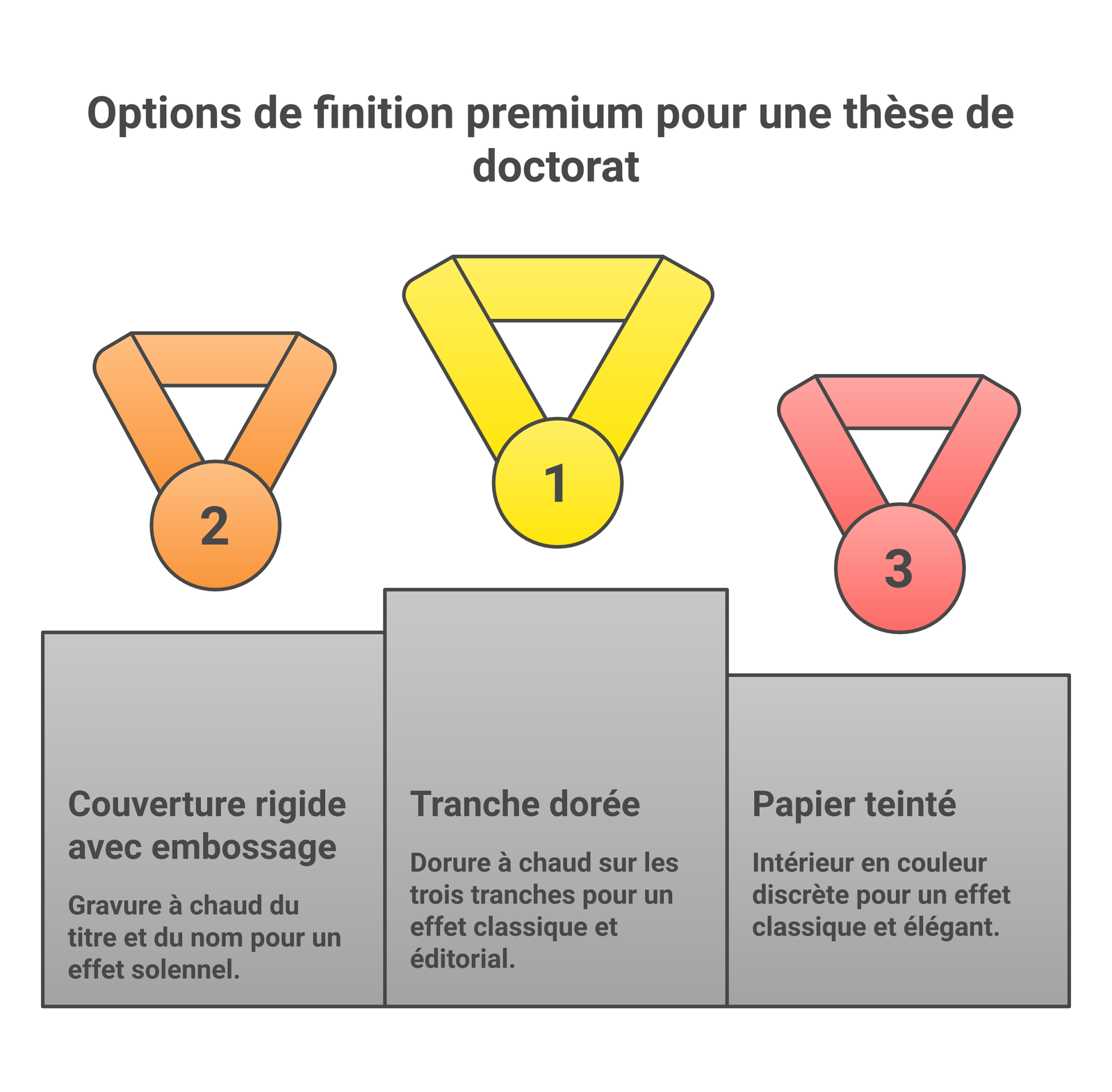 Les options de finition premium pour une thèse : tranche dorée, couverture rigide embossée, papier teinté, marque-page, page de garde texturée