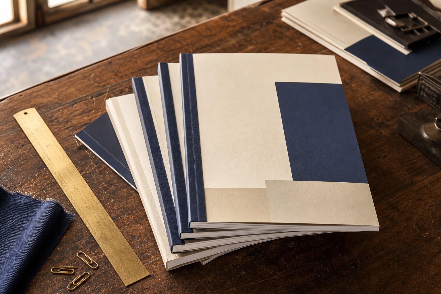 La 4e de couverture d’un mémoire, rapport ou thèse Documents universitaires reliés avec couverture arrière sobre sur un bureau d’atelier