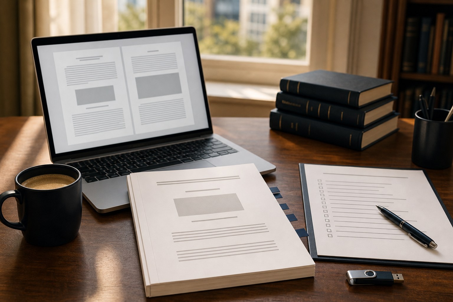 Bureau étudiant avec ordinateur, document PDF et thèse imprimée pour contrôler la mise en page