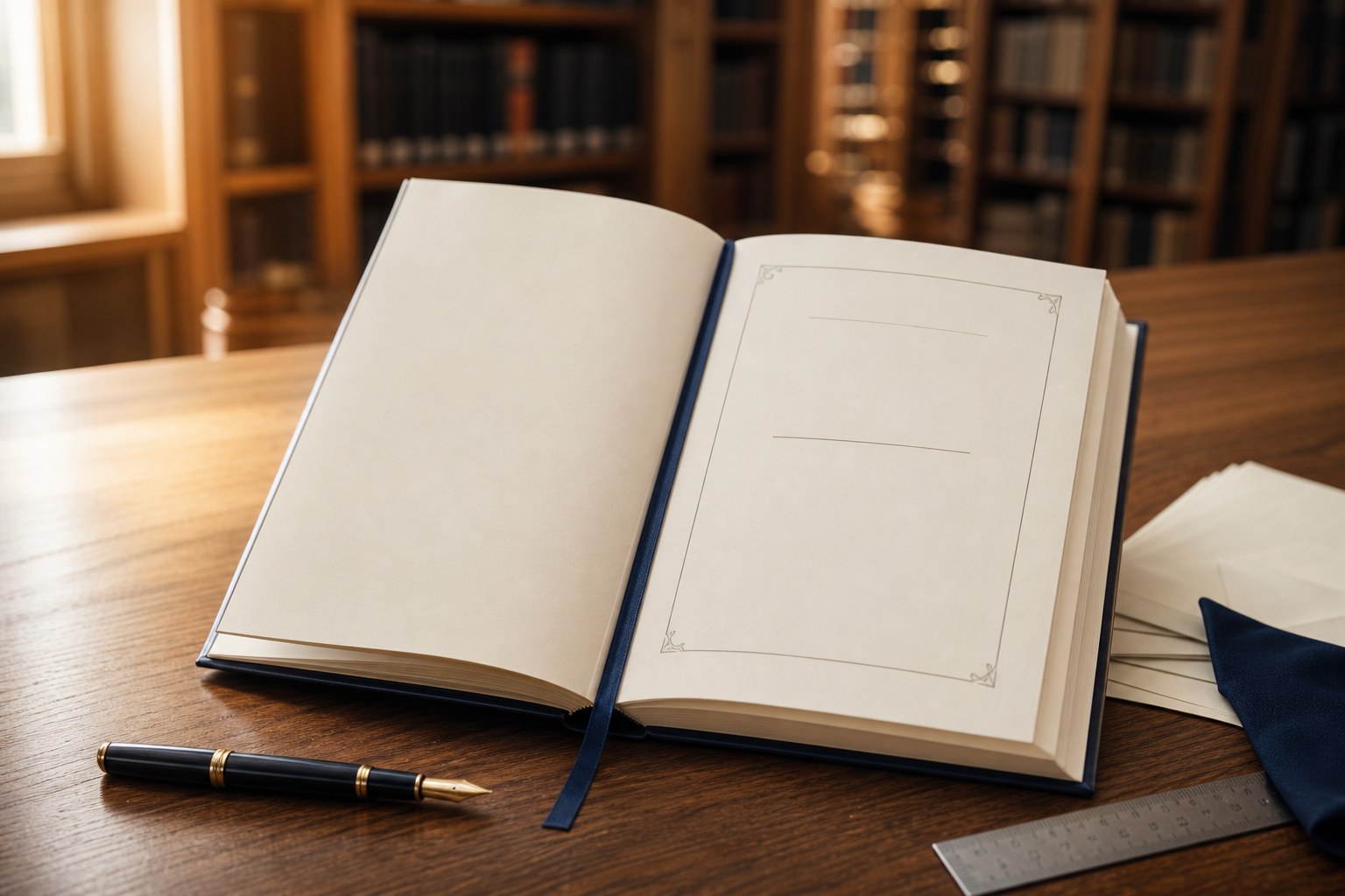 Page de garde et page de titre d’un mémoire ou d’une thèse Livre de thèse ouvert sur une page de titre vierge dans une bibliothèque universitaire