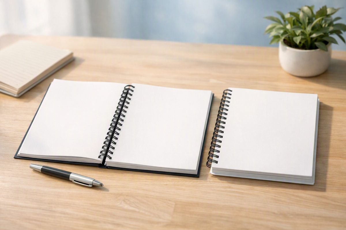 Rapport de stage relié par spirale posé sur un bureau en bois clair