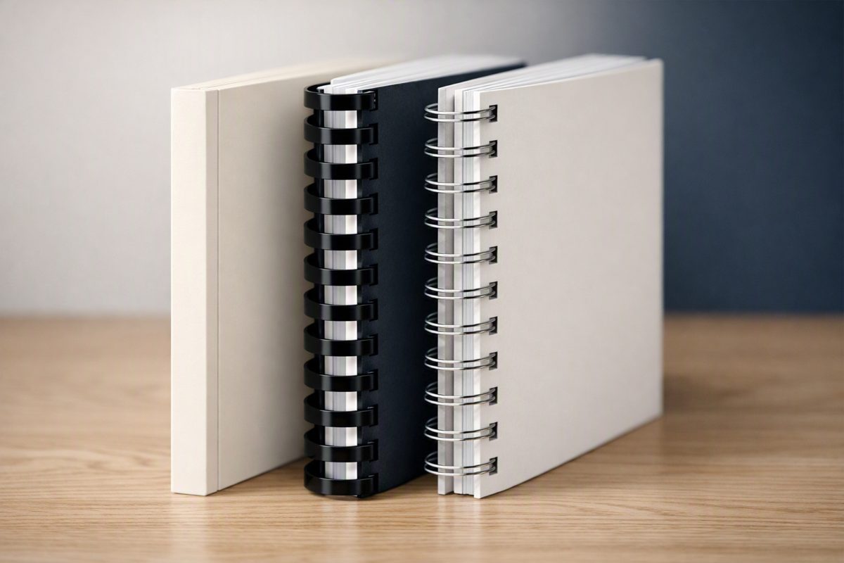 Trois documents universitaires reliés en dos carré collé, spirale plastique et spirale métallique