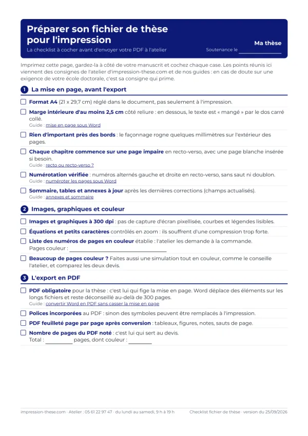 Aperçu de la checklist à imprimer pour préparer son fichier de thèse : mise en page, images, export PDF, envoi, reliure et délais